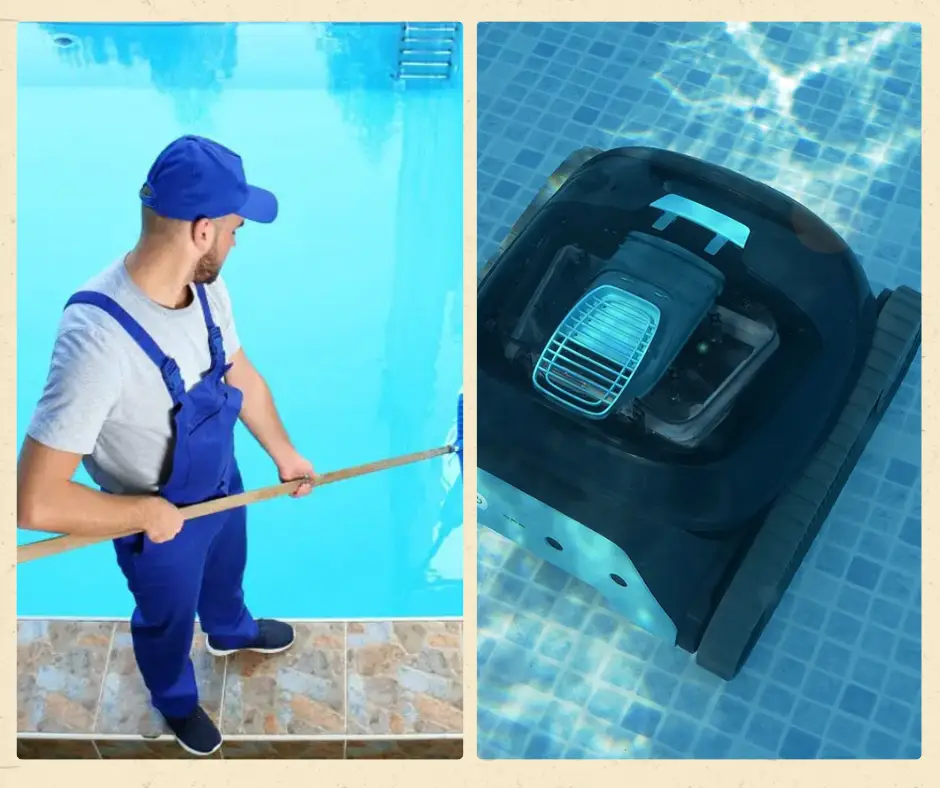 A robotic pool cleaner and manual tools placed side by side near a clear blue swimming pool, symbolizing a cost comparison.