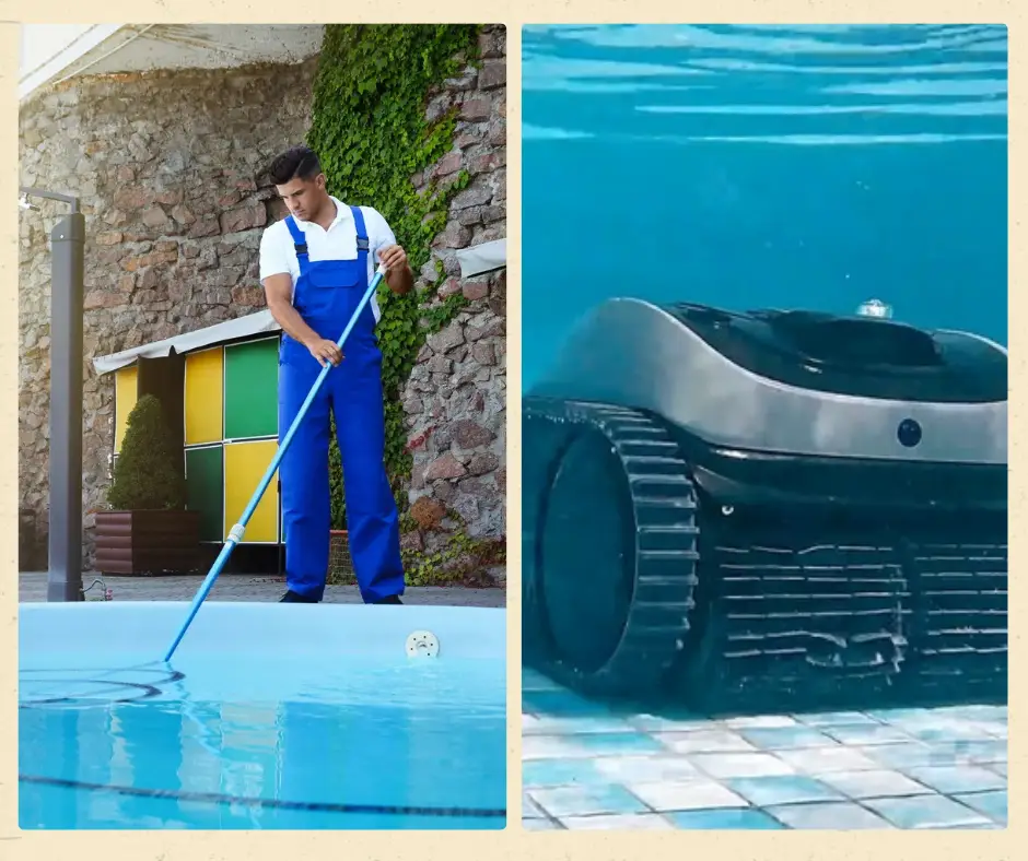 A set of manual pool cleaning tools, including a skimmer, brush, and vacuum, arranged beside a sparkling blue pool.