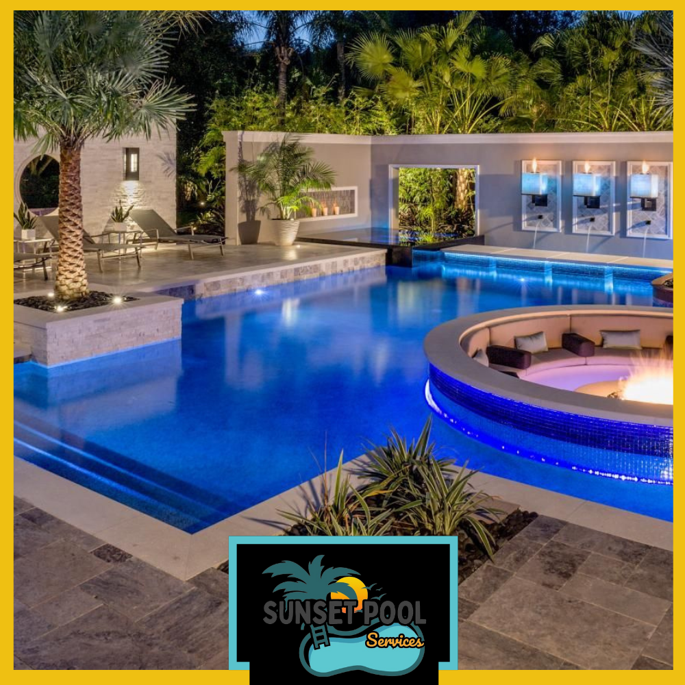 A custom pool renovation with a sleek infinity edge, fire bowls, and LED lighting.